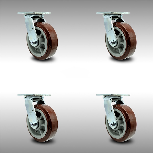 6 Inch Stainless Steel Polyurethane Wheel Swivel Caster Set with Ball Bearings